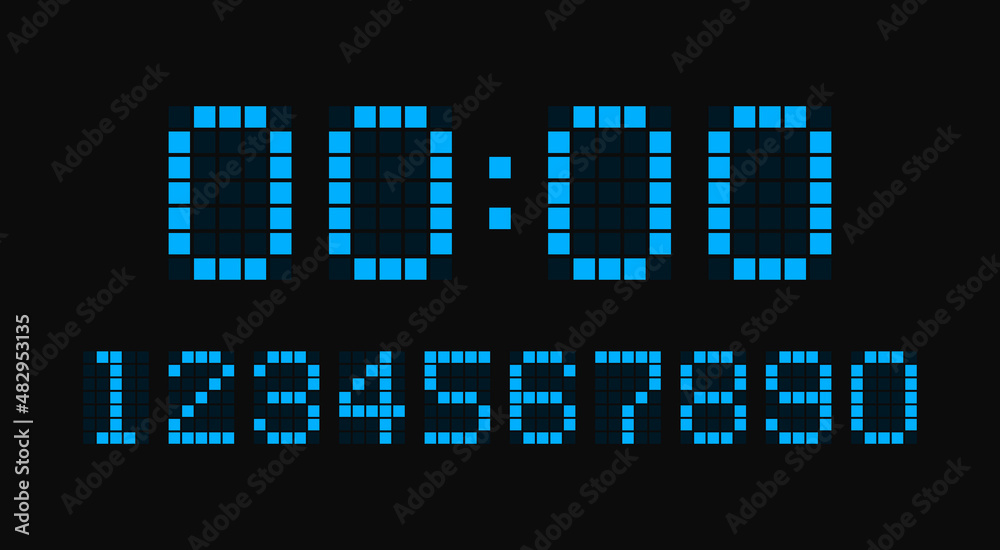 Digital electronic figures set pixel style. Digital numbers for watch, alarm clock, countdown and timer. Vector illustration graphic design