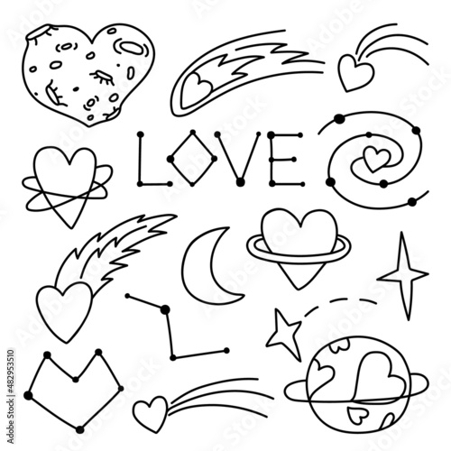 Contour vector drawing of the cosmos.Alien love in doodle style.  Romantic Valentine's day clip art, graphics symbol of love, extraterrestrial set of constellations, comets, star, planet