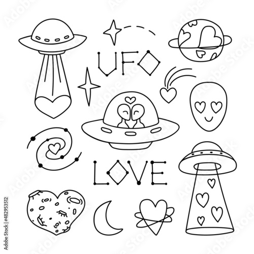 Contour vector drawing of a UFO.Alien love in doodle style.  Romantic Valentine's day clip art, valentine, graphics symbol of love, extraterrestrial set
