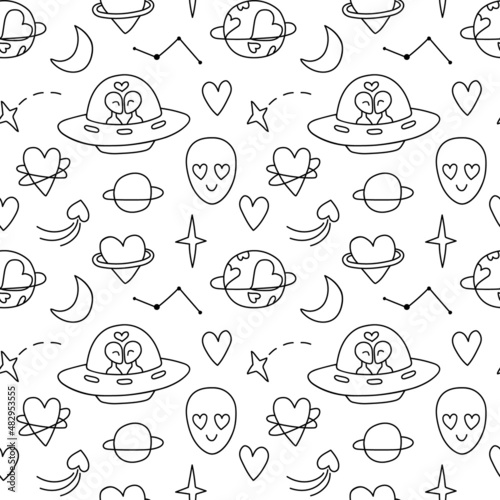 Seamless doodle pattern with loving aliens, UFOs, space. Background with contour drawings of planets, stars, flying saucer, heart, love, comet, humanoid