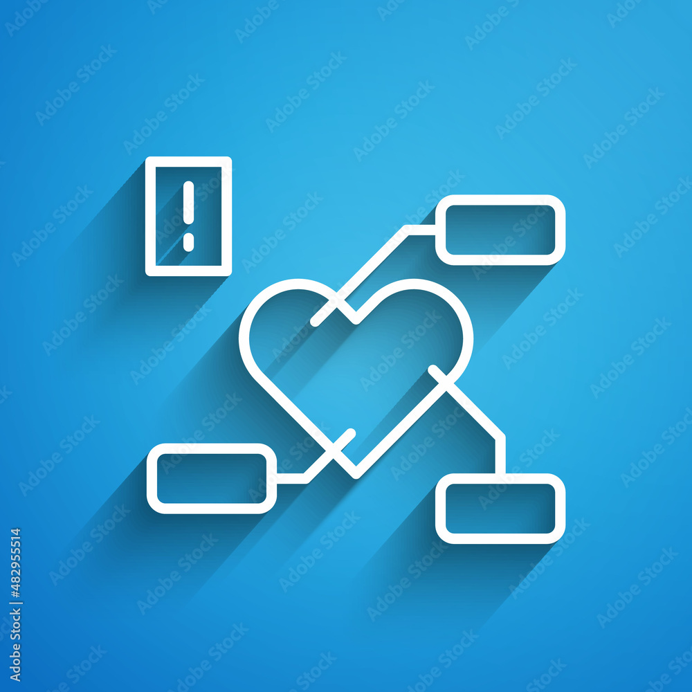 White line Attention to health heart icon isolated on blue background. Long shadow. Vector White line Attention to health heart icon isolated on blue background. Long shadow. Vector