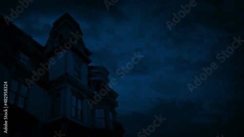 Lightning Strikes Near Old Gothic House At Night