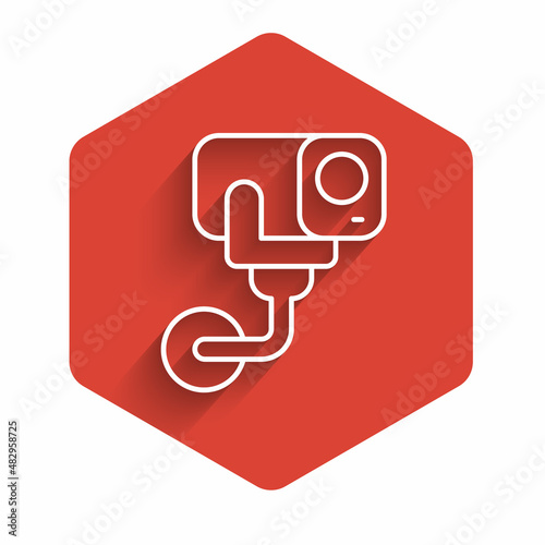 White line Security camera icon isolated with long shadow background. Red hexagon button. Vector