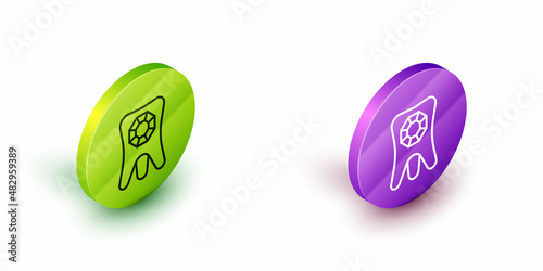 Isometric line Tooth with diamond icon isolated on white background. Green and purple circle buttons. Vector
