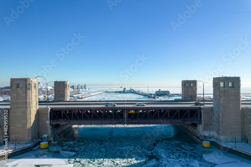 Outer Drive Bridge During Winter - Chicago River Frozen