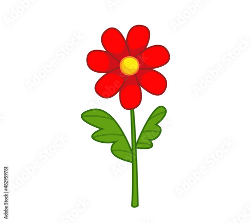 Cute red flower, chamomile. Vector illustration in cute cartoon childish style. Isolated funny clipart on white background. Lovely floral print.