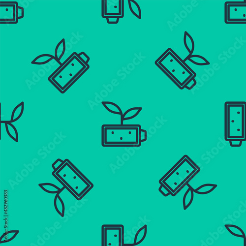 Blue line Eco nature leaf and battery icon isolated seamless pattern on green background. Energy based on ecology saving concept. Vector © Oksana