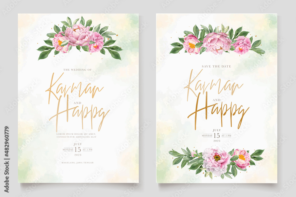 watercolor pink peony and roses wedding card set