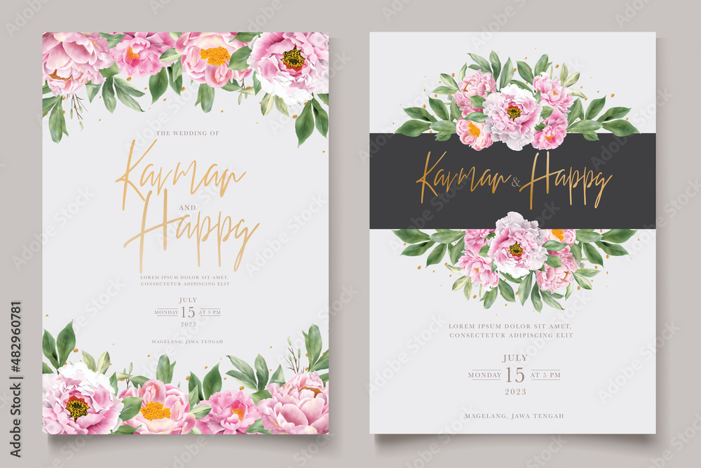 watercolor pink peony and roses wedding card set