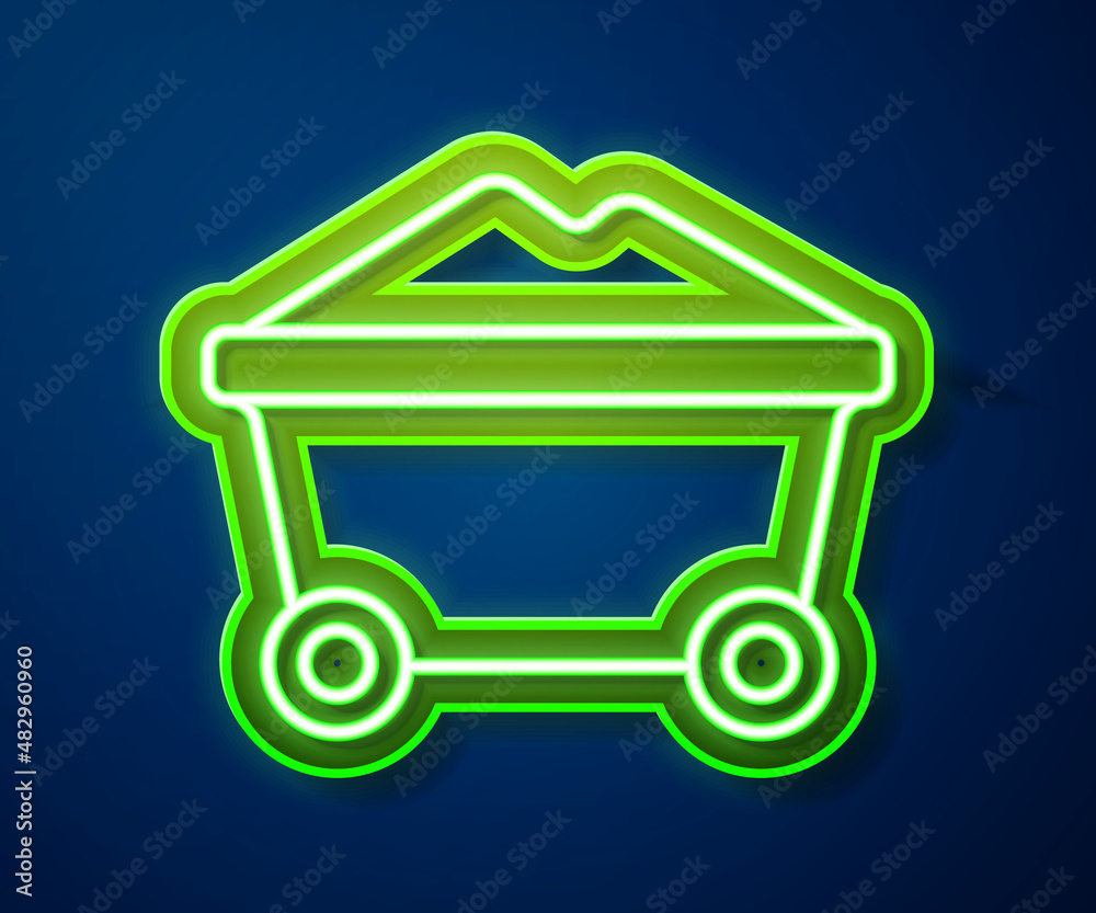 Glowing neon line Coal mine trolley icon isolated on blue background. Factory coal mine trolley. Vector
