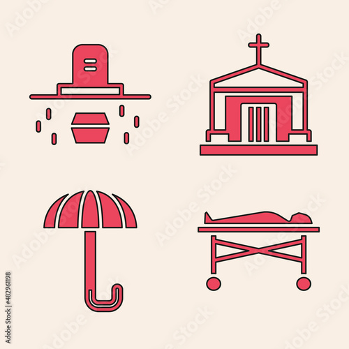 Set Dead body in the morgue, Grave with coffin, Old crypt and Umbrella icon. Vector