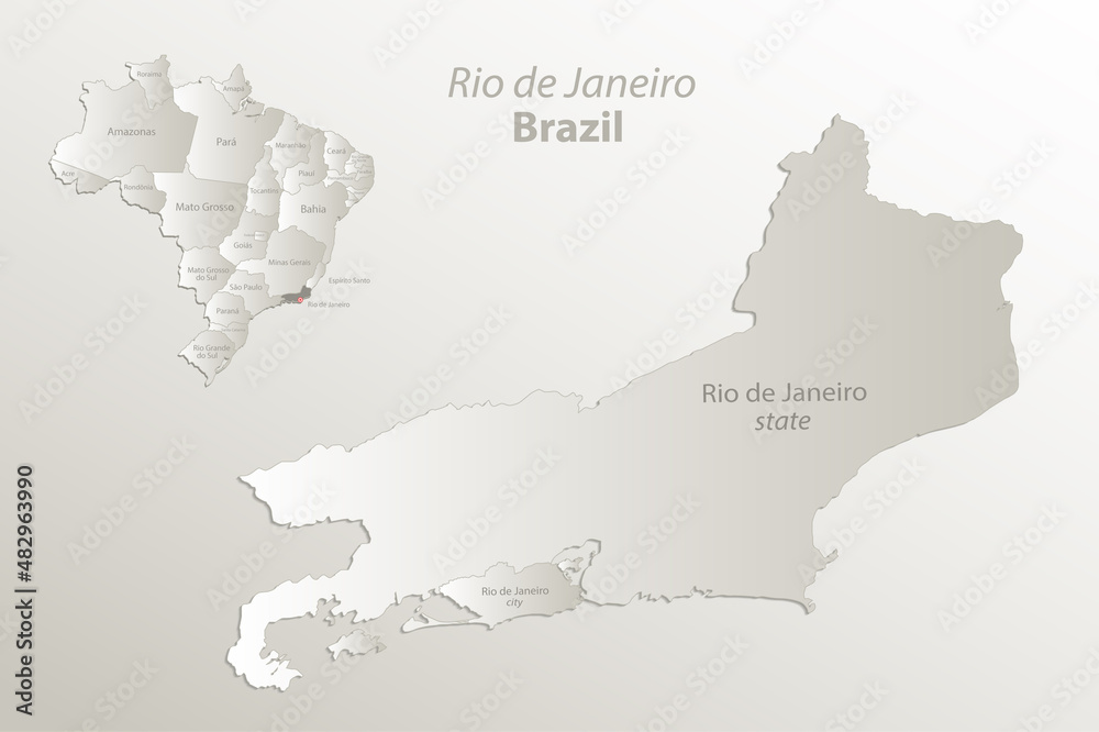 Rio de Janeiro map state and city, Brazil with regions states and names, card paper 3D natural vector