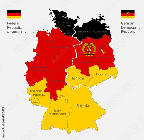 Map of the Germany map divided on West and East Germany with regions and names in the colors of the flag with administrative divisions vector