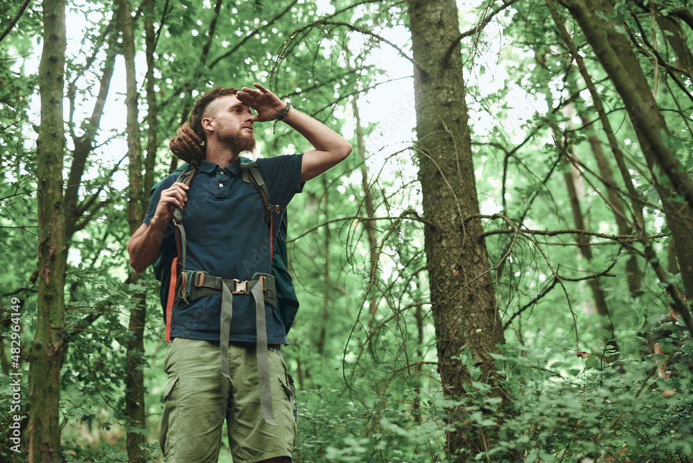 Lost young hippie hiker, searching for the path, lost in the forest, looking for the exit from the woods Lost young hippie hiker, searching for the path, lost in the forest, looking for the exit from the woods