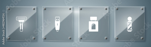 Set Classic Barber shop pole, Aftershave, Hair clipper and Shaving razor. Square glass panels. Vector