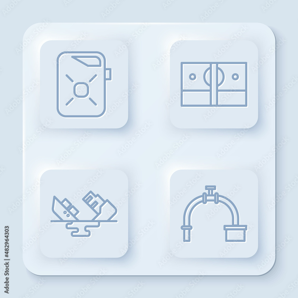 Set line Canister for motor oil, Stacks paper money cash, Wrecked oil tanker ship and Industry pipe and valve. White square button. Vector