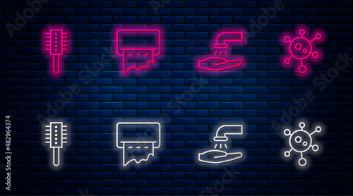 Set line Paper towel dispenser on wall, Washing hands with soap, Hairbrush and Virus. Glowing neon icon on brick wall. Vector