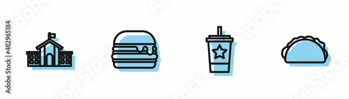 Set line Paper glass with straw, United States Capitol Congress, Burger and Taco tortilla icon. Vector
