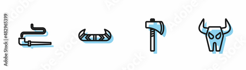 Set line Tomahawk axe, Smoking pipe, Kayak or canoe and paddle and Buffalo skull icon. Vector