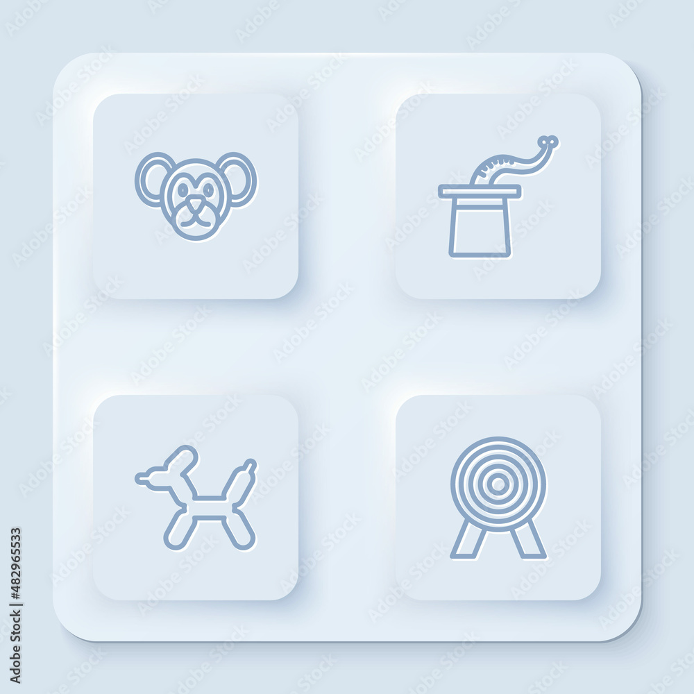 Set line Monkey, Magician hat, Balloon dog and Target. White square button. Vector