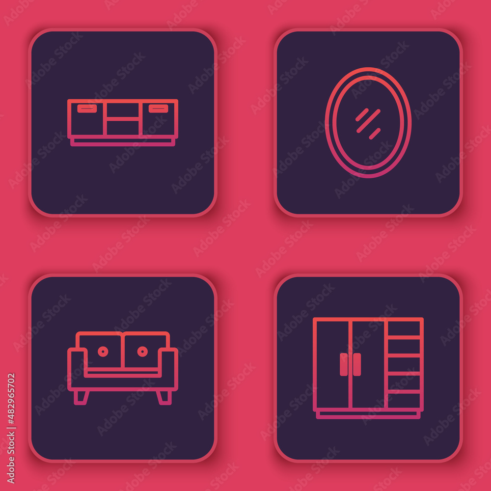 Set line Furniture nightstand, Sofa, Mirror and Wardrobe. Blue square button. Vector Set line Furniture nightstand, Sofa, Mirror and Wardrobe. Blue square button. Vector