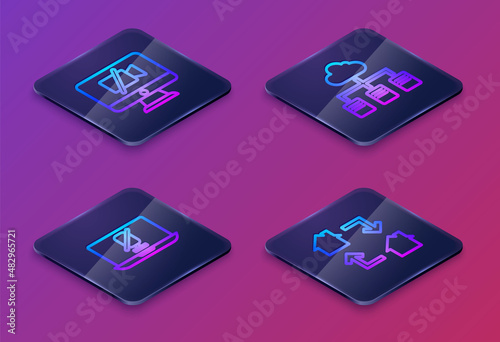 Wallpaper Mural Set Isometric line Video camera Off on computer, Mute microphone laptop, Online working and . Blue square button. Vector Torontodigital.ca