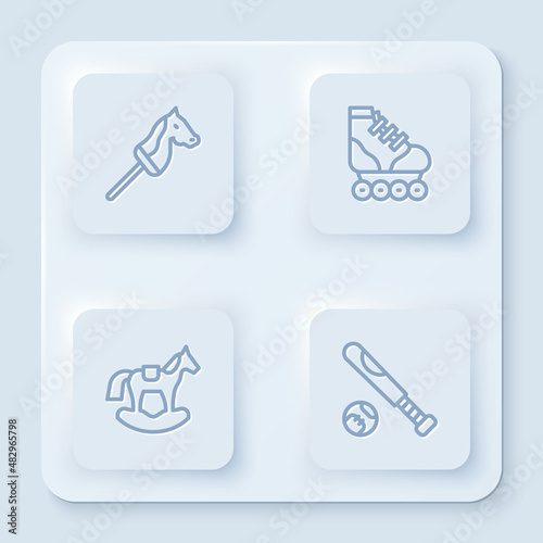 Set line Toy horse, Roller skate, Horse in saddle swing and Baseball bat with ball. White square button. Vector