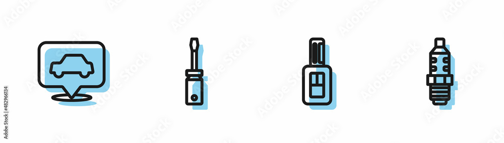 Set line Car key with remote, service, Screwdriver and spark plug icon. Vector Set line Car key with remote, service, Screwdriver and spark plug icon. Vector