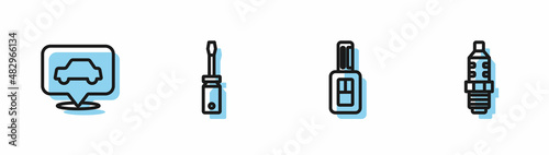 Set line Car key with remote, service, Screwdriver and spark plug icon. Vector