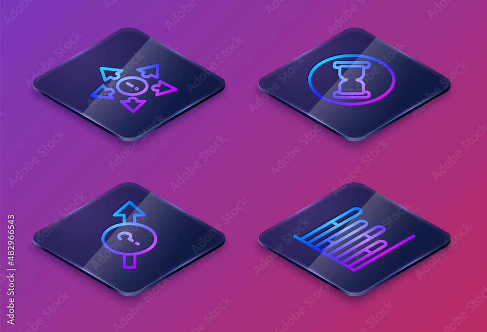 Set Isometric line Many ways directional arrow, Arrow, Old hourglass with sand and Pie chart infographic. Blue square button. Vector Set Isometric line Many ways directional arrow, Arrow, Old hourglass with sand and Pie chart infographic. Blue square button. Vector