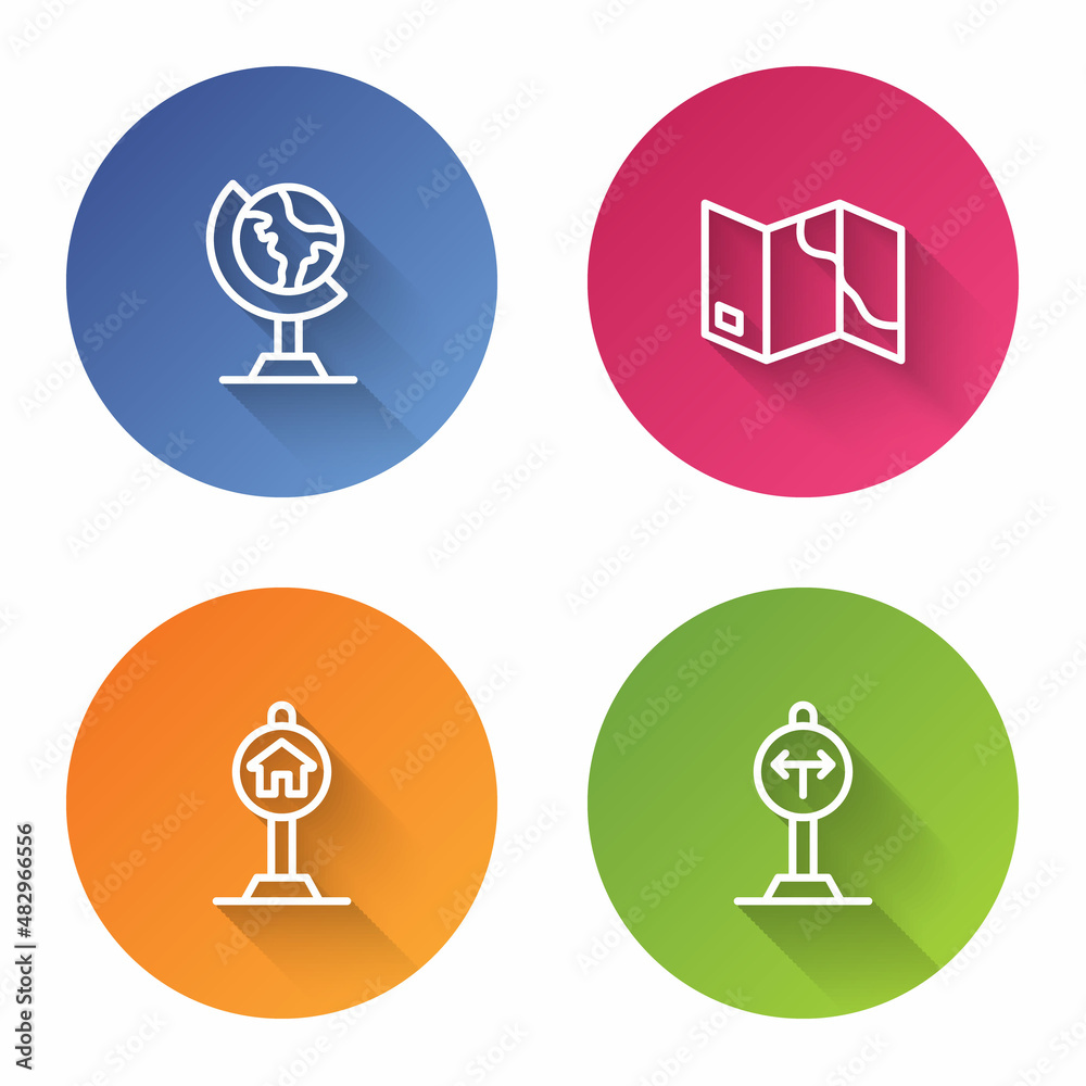 Set line Earth globe, Folded map, Hotel sign for traffic and Fork in the road. Color circle button. Vector Set line Earth globe, Folded map, Hotel sign for traffic and Fork in the road. Color circle button. Vector