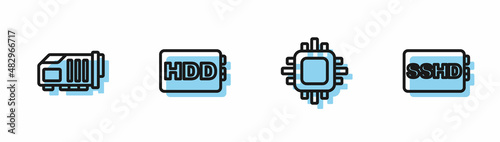 Set line Processor with CPU, Video graphic card, Hard disk drive HDD and SSHD icon. Vector