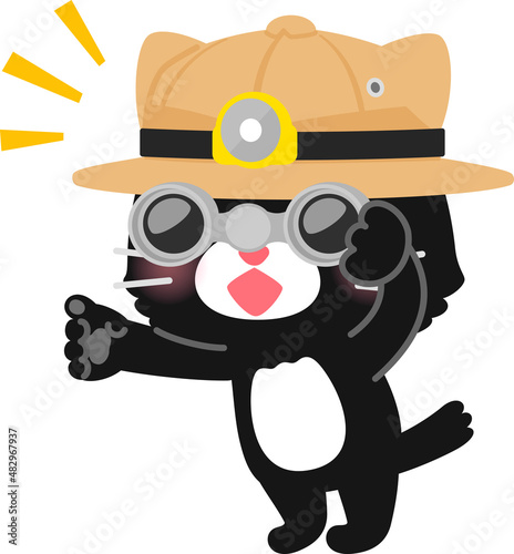 双眼鏡を覗いて指さす探検隊の猫のキャラクター