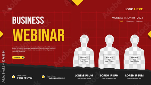 Business webinar website banner template with three speakers, red background and torn paper shape