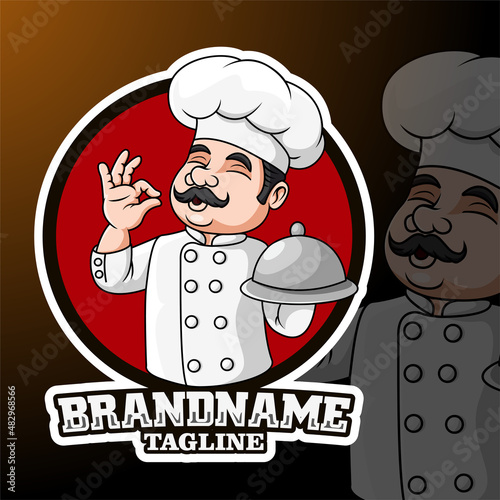 Cartoon chef holding a platter and ok sign