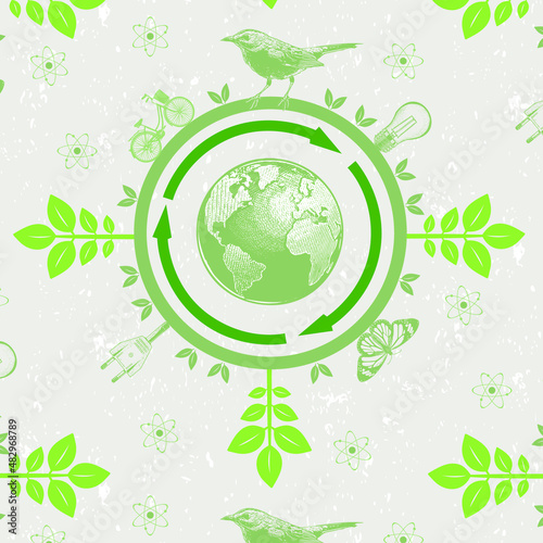 Eco seamless pattern vector with globe earth. Symbols vintage, environment theme.