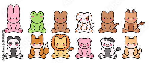 Zoo collection.Set of cute animals cartoon character design.Dog,cat,rabbit,bear,lion,deer,frog,cow,pig, fox, panda hand drawn.Image.Art.Kid graphic.Isolated.Sticker.Collection.Vector.Illustration.