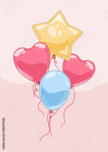 Balony w kształcie serca i w kształcie gwiazdki. Wektorowa ilustracja imprezowych balonów wypełnionych helem w radosnych kolorach. Dekoracje na urodziny, baby shower, walentynki, uroczystość, wesele.