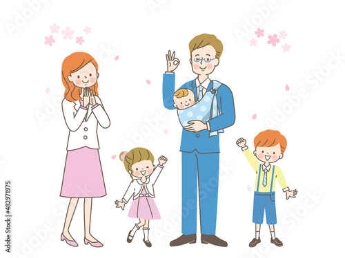 春に出かけるスーツ姿の笑顔の両親と子供達
