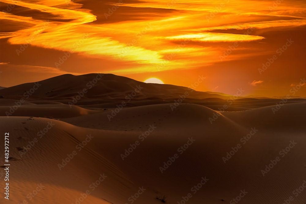 The Colors Of The Sky Glow As The Sun Rises On The Sahara Desert In Morocco, Arica