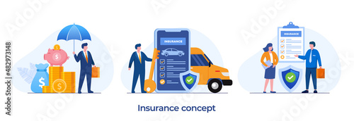Financial insurance, car insurance, agent insurance protection concept, umbrella, healthcare, landing page flat illustration vector template banner