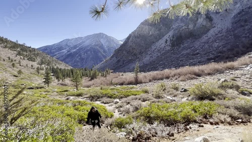 Girl hiking on a valley at Kings Canyion National Park, Sierra Nevada mountains in California photo