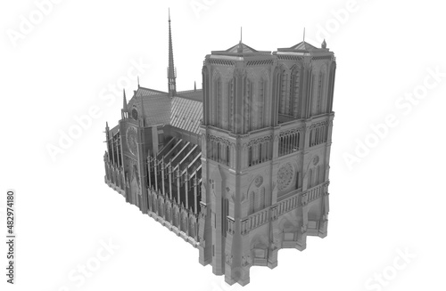 Colorful Illustration of Notre Dame Cathedral (Paris, France). Landmark of Paris. 3D