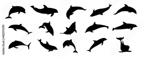 Foto set of black silhouette of dolphin on a separate white background