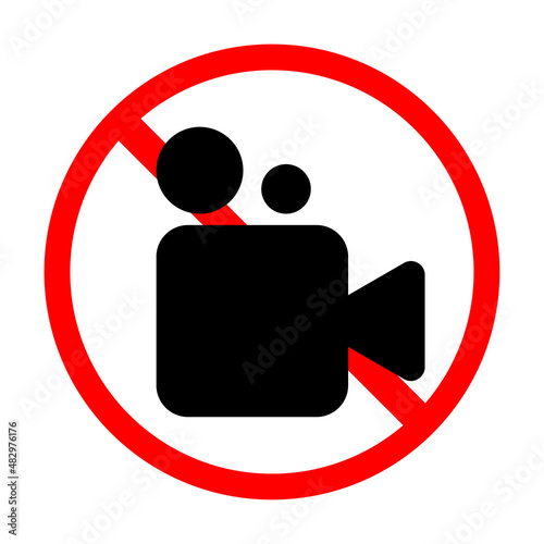 No video camera icon. Stop symbol. Red circle. Prohibited sign. Recording equipment. Vector illustration. Stock image. 