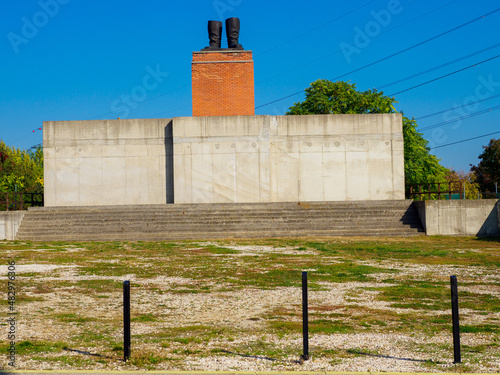 Statue of Stalin torn down during the revolt of 1956, leaving only the legs photo