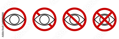 No eye icon set. Red circle. Prohibited symbols. Private icon. Password element. Vector illustration. Stock image. 
