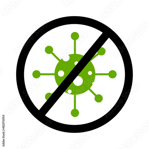 No virus icon. Medical sign. Prohibited symbol. Green bacteria. Infection control. Vector illustration. Stock image. 