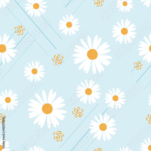 Seamless pattern with daisy flower and pollen on blue background vector.