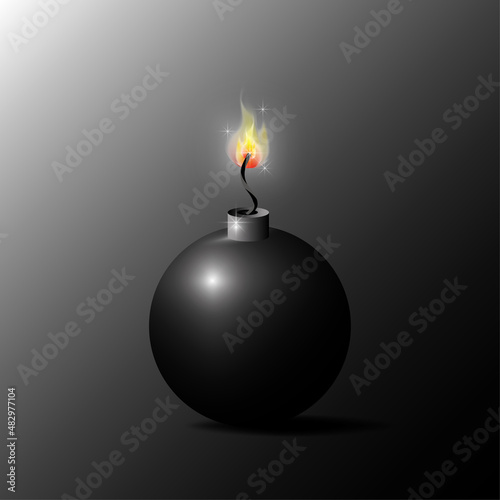 Bomb sign. Cannon ball. Cartoon style. Isolated object. Black gradientary background. Vector illustration. Stock image.
